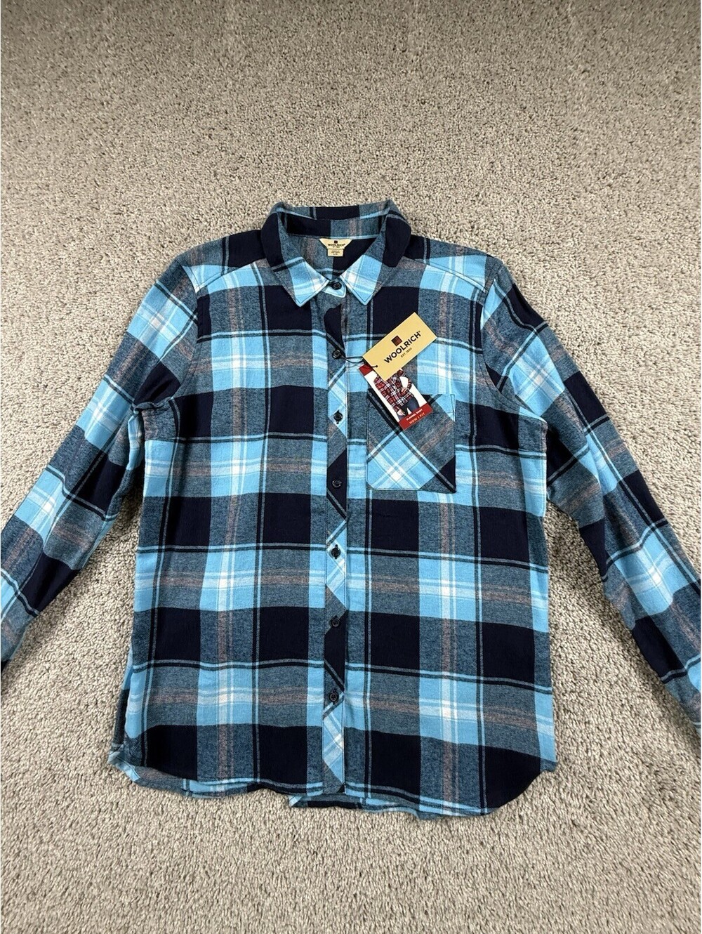 NWT Woolrich Women's Blue Plaid 100% Cotton Button Up Long sleeve   Size Large